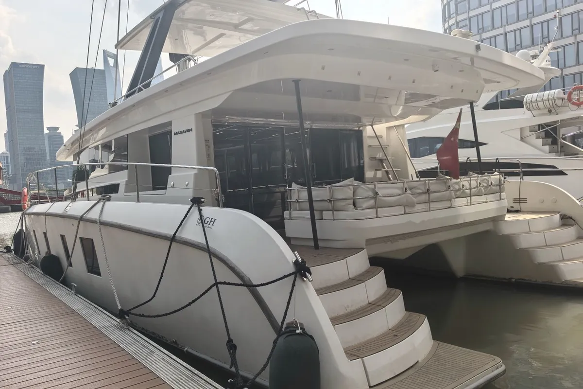 Exterior view of Andaman Discovery 5, a Mazarin 55 catamaran at Mai Khao, Thailand