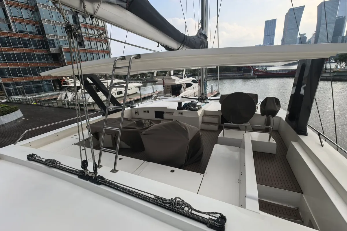 Deck of Andaman Discovery 5, a Mazarin 55 catamaran at Mai Khao, Thailand