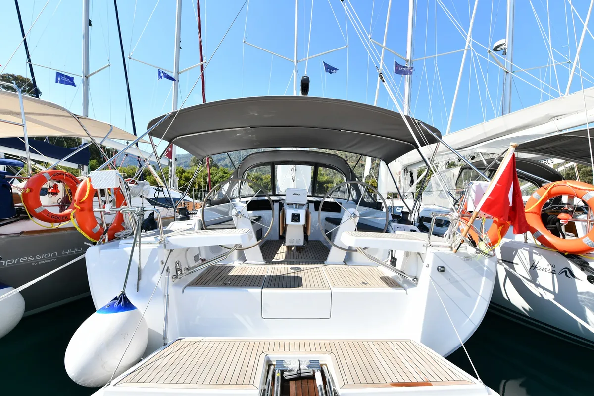 Cockpit of Lauda, a Hanse 418 sailboat at Fethiye, Turkey