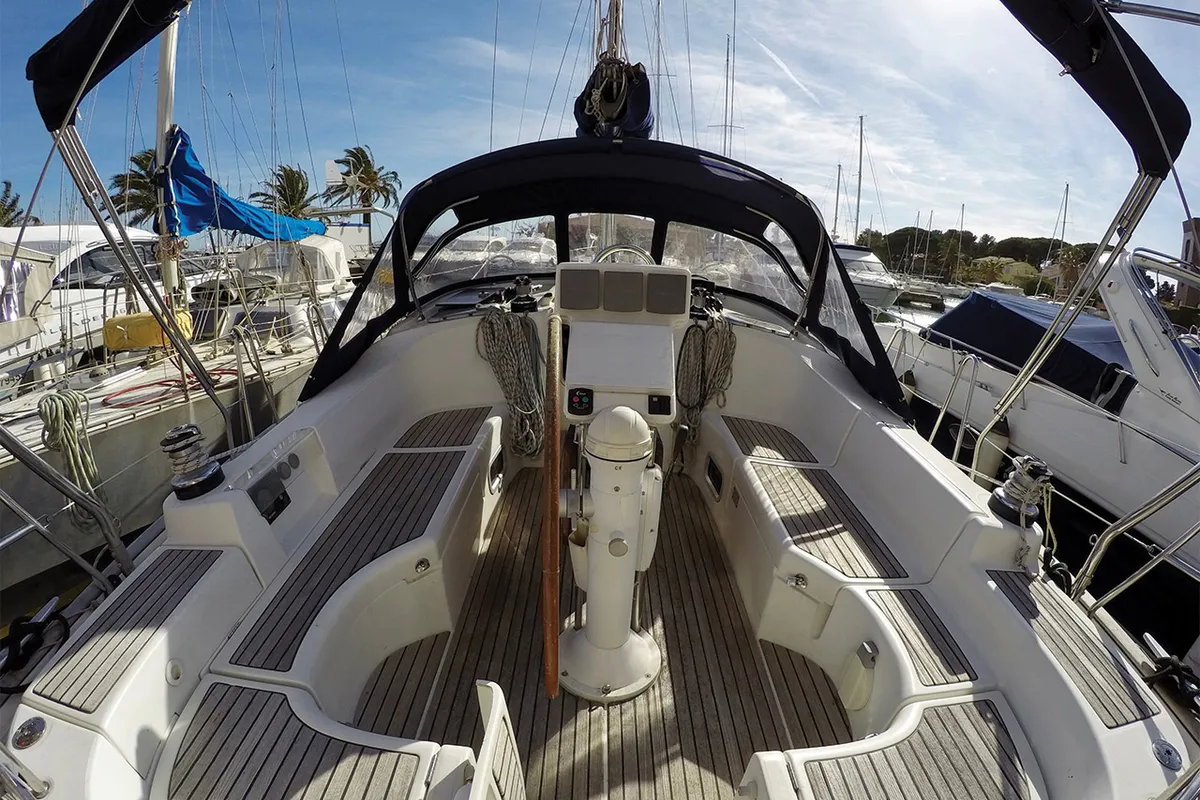 Cockpit of L'Alliance, a Beneteau Oceanis 423 sailboat at Hyères, France