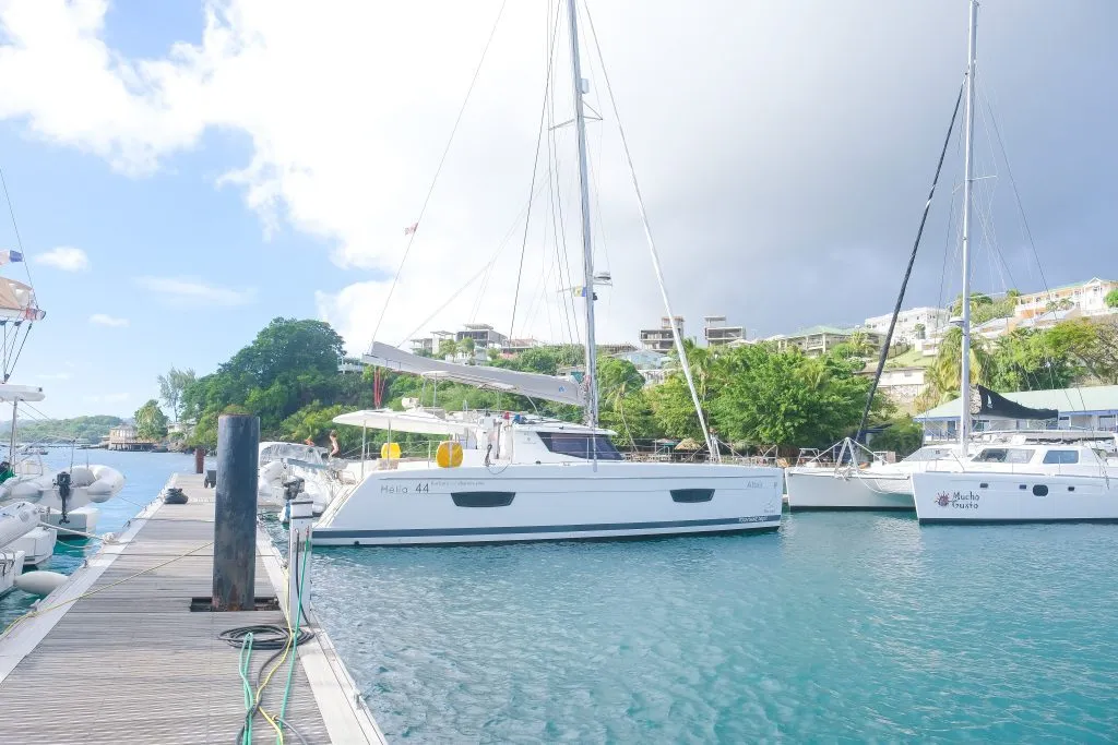 Exterior view of Altair, a Fountaine Pajot Helia 44 catamaran at Ribishi, Saint Vincent and the Grenadines