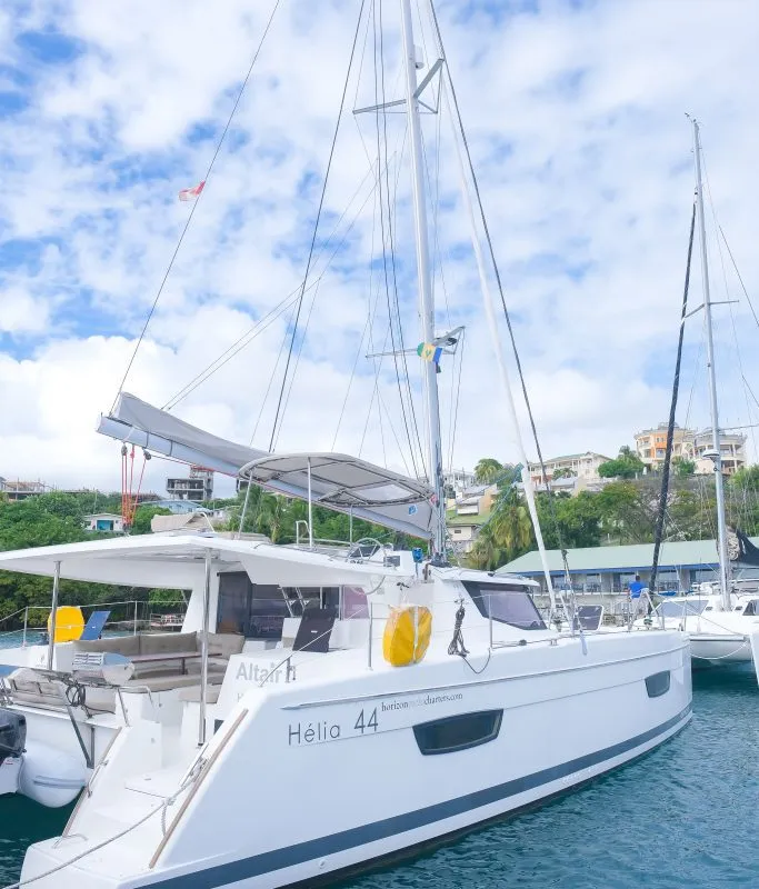 Exterior view of Altair, a Fountaine Pajot Helia 44 catamaran at Ribishi, Saint Vincent and the Grenadines
