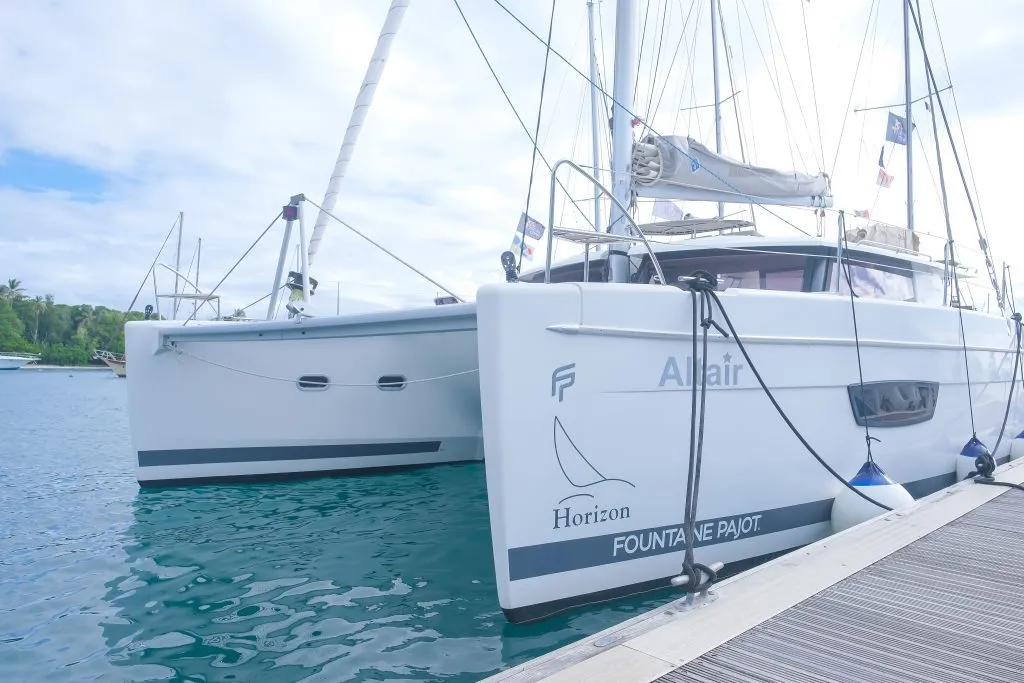 Exterior view of Altair, a Fountaine Pajot Helia 44 catamaran at Ribishi, Saint Vincent and the Grenadines