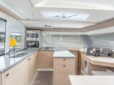 Galley of Altair, a Fountaine Pajot Helia 44 catamaran at Ribishi, Saint Vincent and the Grenadines