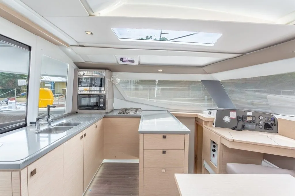 Galley of Altair, a Fountaine Pajot Helia 44 catamaran at Ribishi, Saint Vincent and the Grenadines