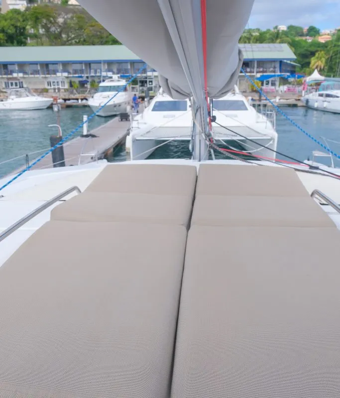 Deck of Altair, a Fountaine Pajot Helia 44 catamaran at Ribishi, Saint Vincent and the Grenadines