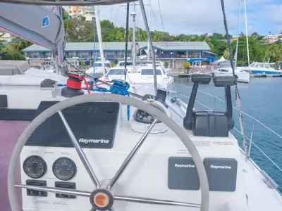 Cockpit of Altair, a Fountaine Pajot Helia 44 catamaran at Ribishi, Saint Vincent and the Grenadines