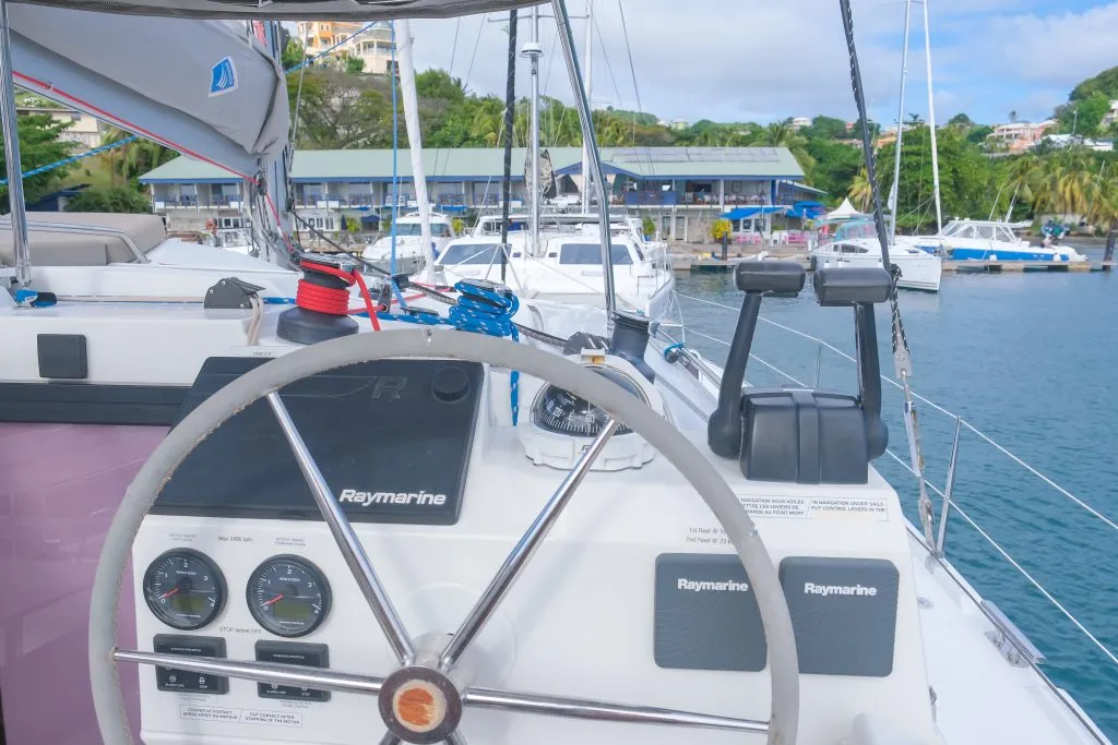 Cockpit of Altair, a Fountaine Pajot Helia 44 catamaran at Ribishi, Saint Vincent and the Grenadines