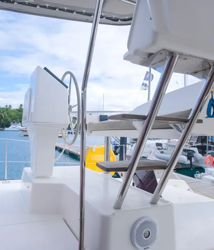 Deck of Altair, a Fountaine Pajot Helia 44 catamaran at Ribishi, Saint Vincent and the Grenadines