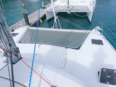 Deck of Altair, a Fountaine Pajot Helia 44 catamaran at Ribishi, Saint Vincent and the Grenadines