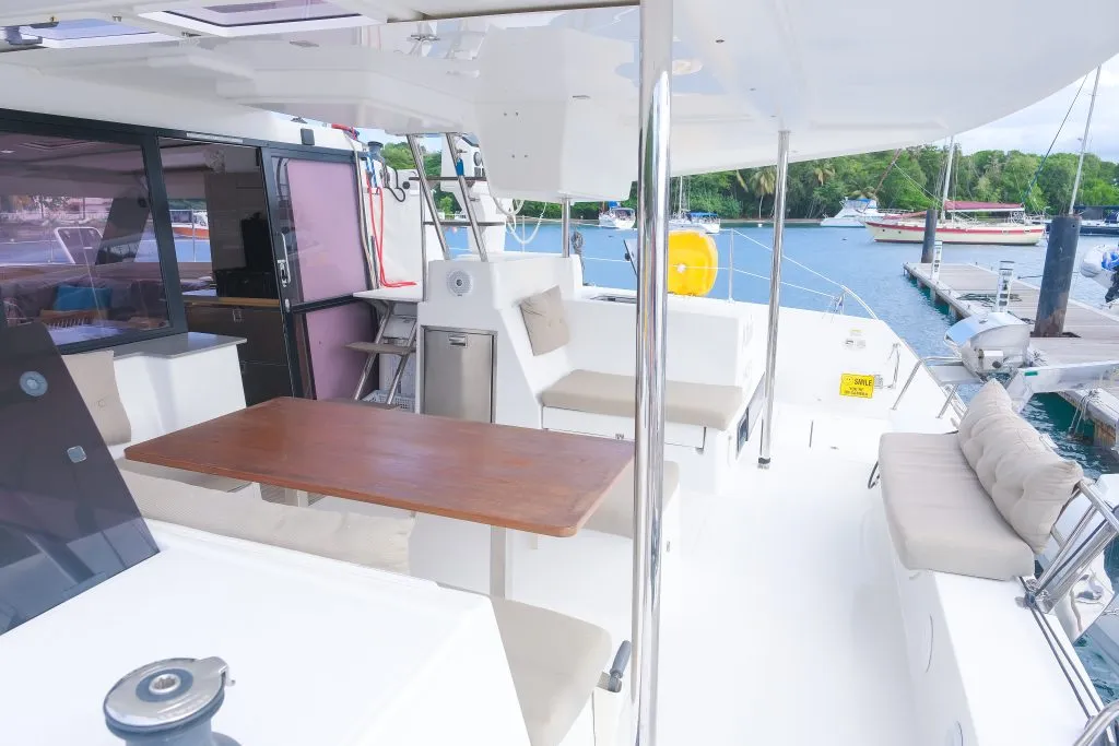 Deck of Altair, a Fountaine Pajot Helia 44 catamaran at Ribishi, Saint Vincent and the Grenadines