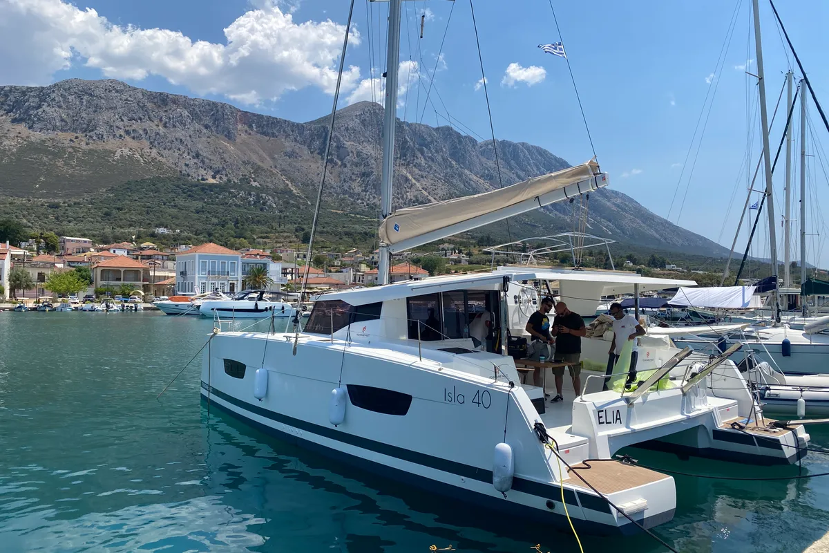 Exterior view of Elia, a Fountaine Pajot Isla 40 catamaran at Municipal Unit of Lefkada, Greece