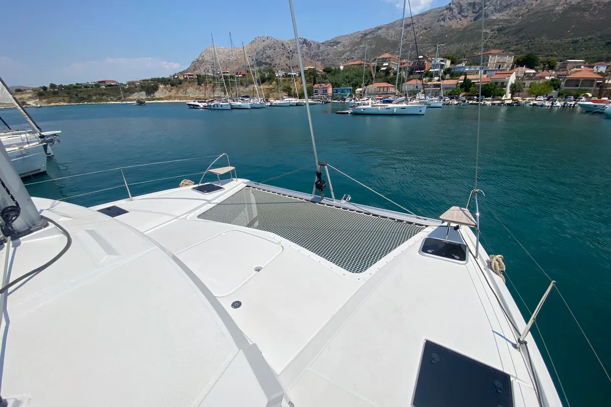 Deck of Elia, a Fountaine Pajot Isla 40 catamaran at Municipal Unit of Lefkada, Greece