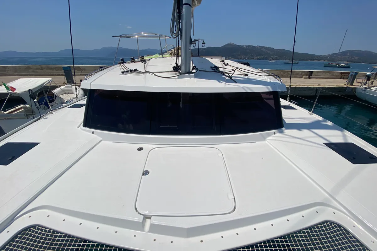 Deck of Elia, a Fountaine Pajot Isla 40 catamaran at Municipal Unit of Lefkada, Greece