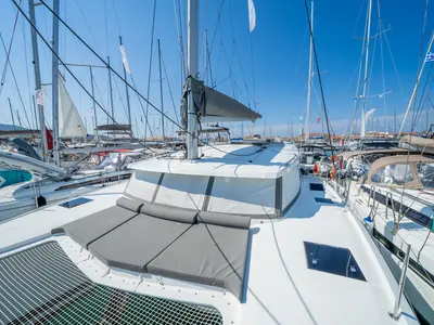 Deck of Elia, a Fountaine Pajot Isla 40 catamaran at Municipal Unit of Lefkada, Greece