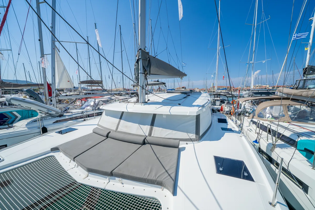 Deck of Elia, a Fountaine Pajot Isla 40 catamaran at Municipal Unit of Lefkada, Greece