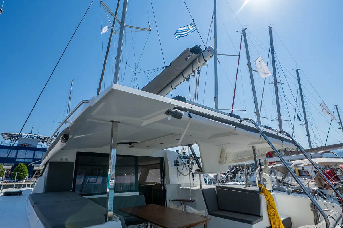 Deck of Elia, a Fountaine Pajot Isla 40 catamaran at Municipal Unit of Lefkada, Greece