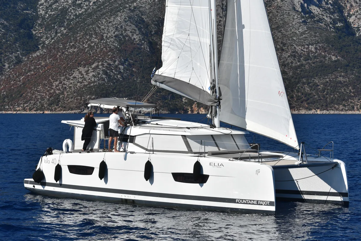 Exterior view of Elia, a Fountaine Pajot Isla 40 catamaran at Municipal Unit of Lefkada, Greece