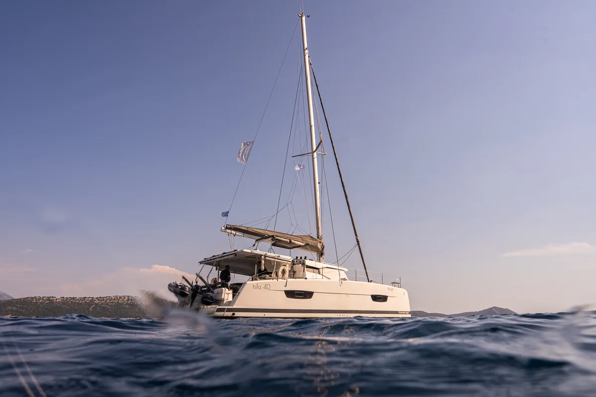 Exterior view of Elia, a Fountaine Pajot Isla 40 catamaran at Municipal Unit of Lefkada, Greece