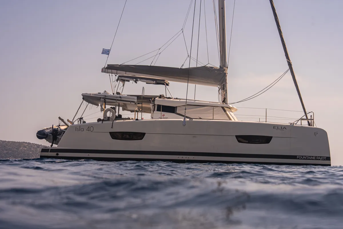 Exterior view of Elia, a Fountaine Pajot Isla 40 catamaran at Municipal Unit of Lefkada, Greece