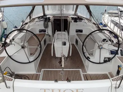 Cockpit of Thoe, a Jeanneau Sun Odyssey 469 sailboat at Volos Municipality, Greece