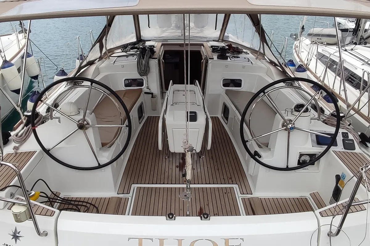 Cockpit of Thoe, a Jeanneau Sun Odyssey 469 sailboat at Volos Municipality, Greece