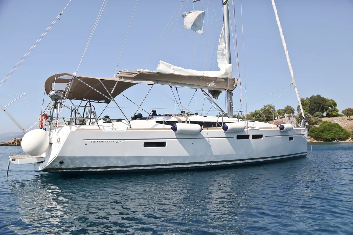 Exterior view of Thoe, a Jeanneau Sun Odyssey 469 sailboat at Volos Municipality, Greece