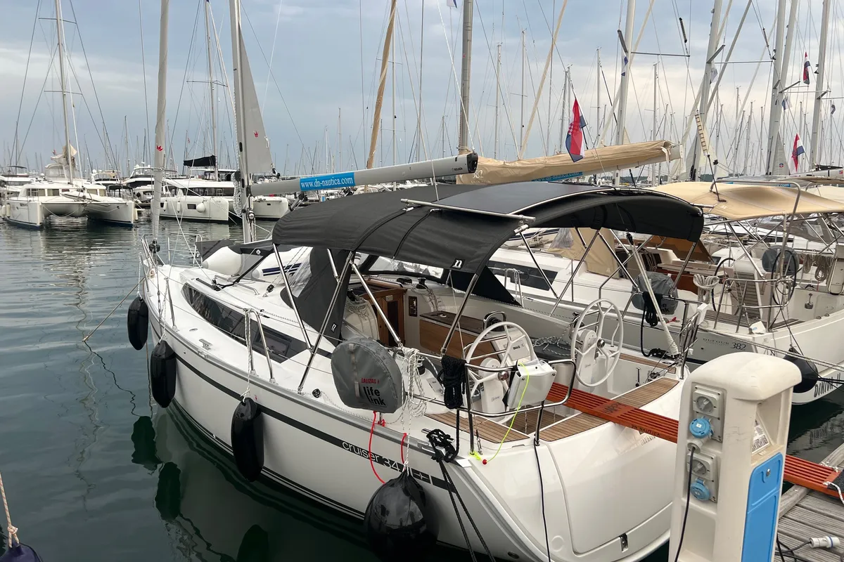 Exterior view of Happy, a Bavaria Cruiser 34 sailboat at Punat, Croatia