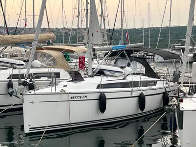 Exterior view of Happy, a Bavaria Cruiser 34 sailboat at Punat, Croatia