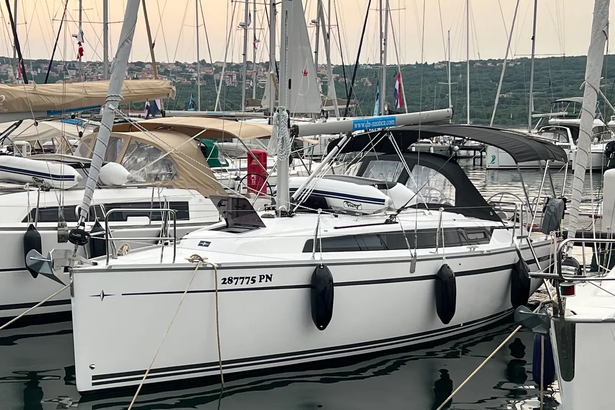 Exterior view of Happy, a Bavaria Cruiser 34 sailboat at Punat, Croatia