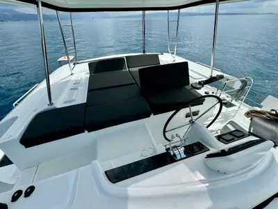 Cockpit of Hevea, a Lagoon 46 OW catamaran at Grad Kaštela, Croatia