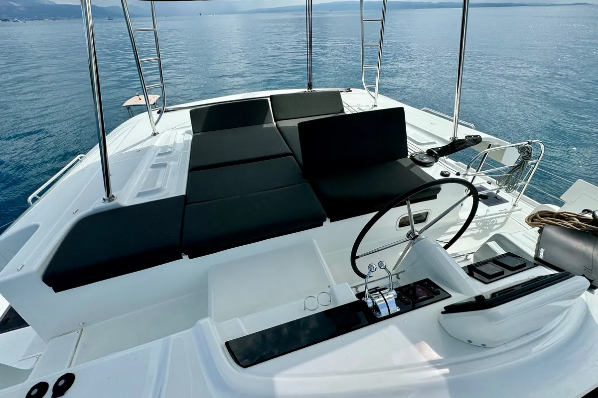 Cockpit of Hevea, a Lagoon 46 OW catamaran at Grad Kaštela, Croatia