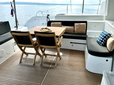 Deck of Hevea, a Lagoon 46 OW catamaran at Grad Kaštela, Croatia