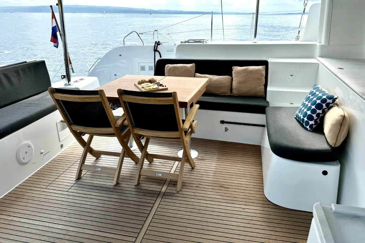 Deck of Hevea, a Lagoon 46 OW catamaran at Grad Kaštela, Croatia