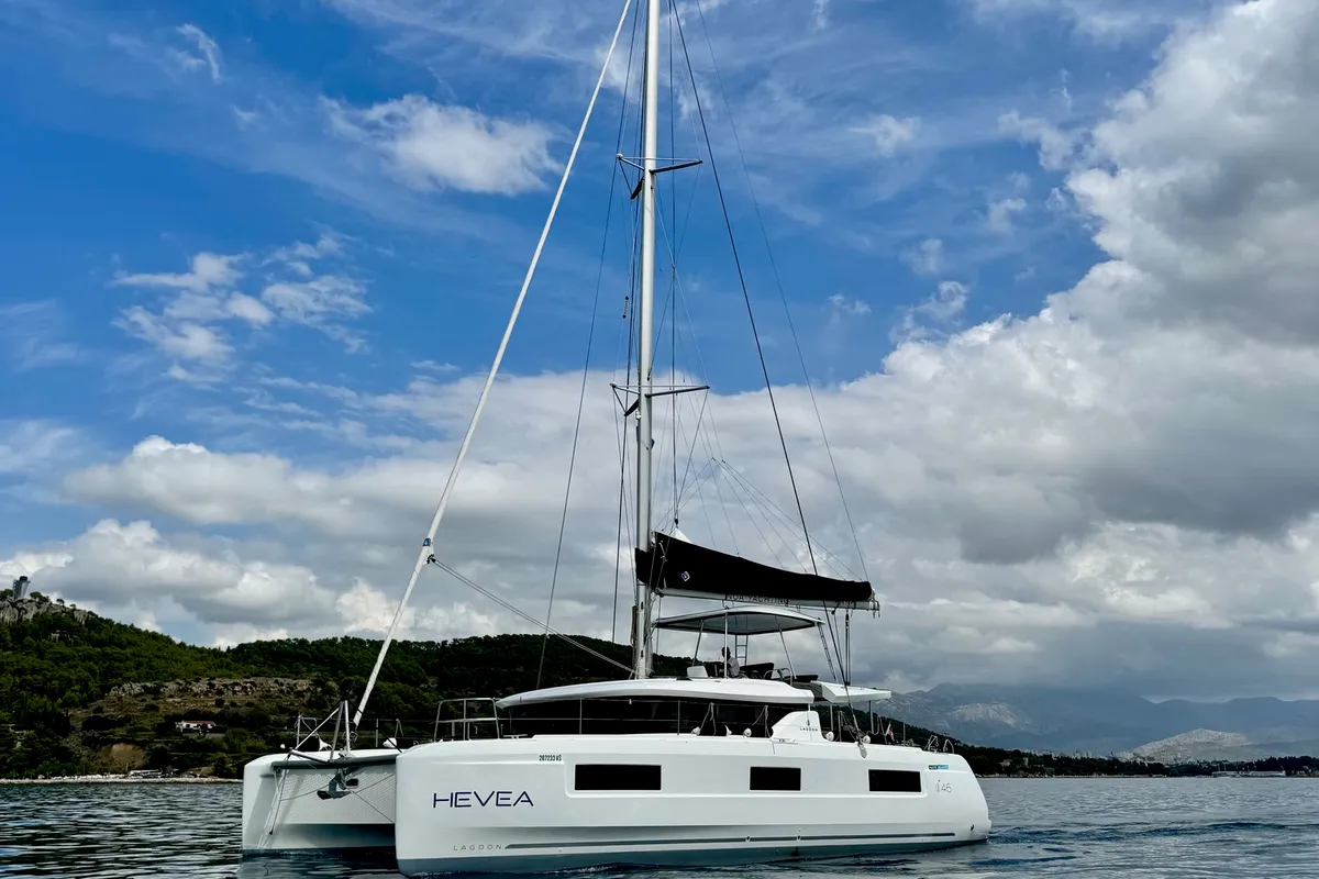 Exterior view of Hevea, a Lagoon 46 OW catamaran at Grad Kaštela, Croatia