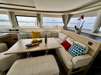 Salon of Hevea, a Lagoon 46 OW catamaran at Grad Kaštela, Croatia