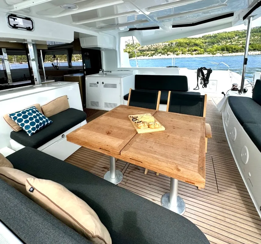 Deck of Hevea, a Lagoon 46 OW catamaran at Grad Kaštela, Croatia