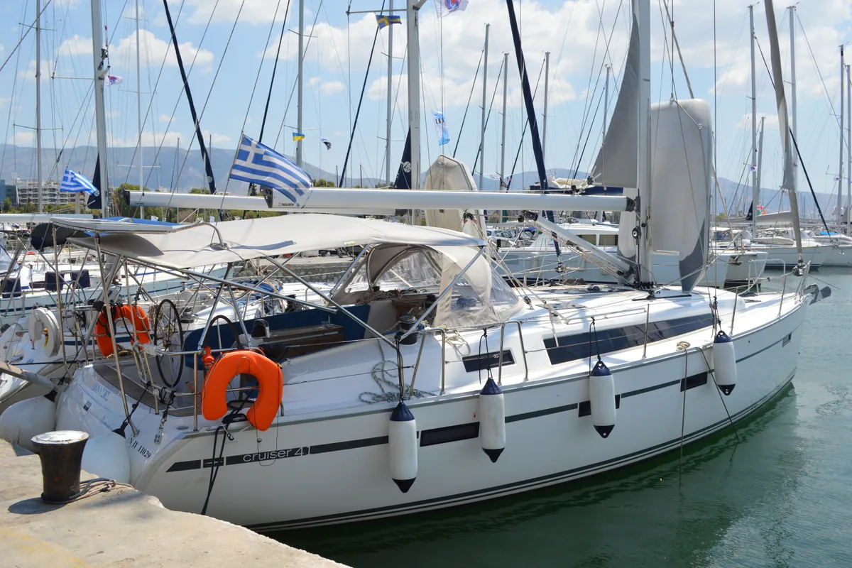 Exterior view of Dionysis, a Bavaria Cruiser 41 sailboat at Athens, Greece