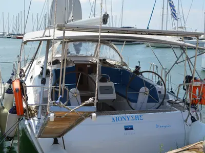 Cockpit of Dionysis, a Bavaria Cruiser 41 sailboat at Athens, Greece