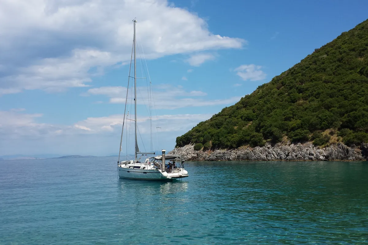 Exterior view of Dionysis, a Bavaria Cruiser 41 sailboat at Athens, Greece