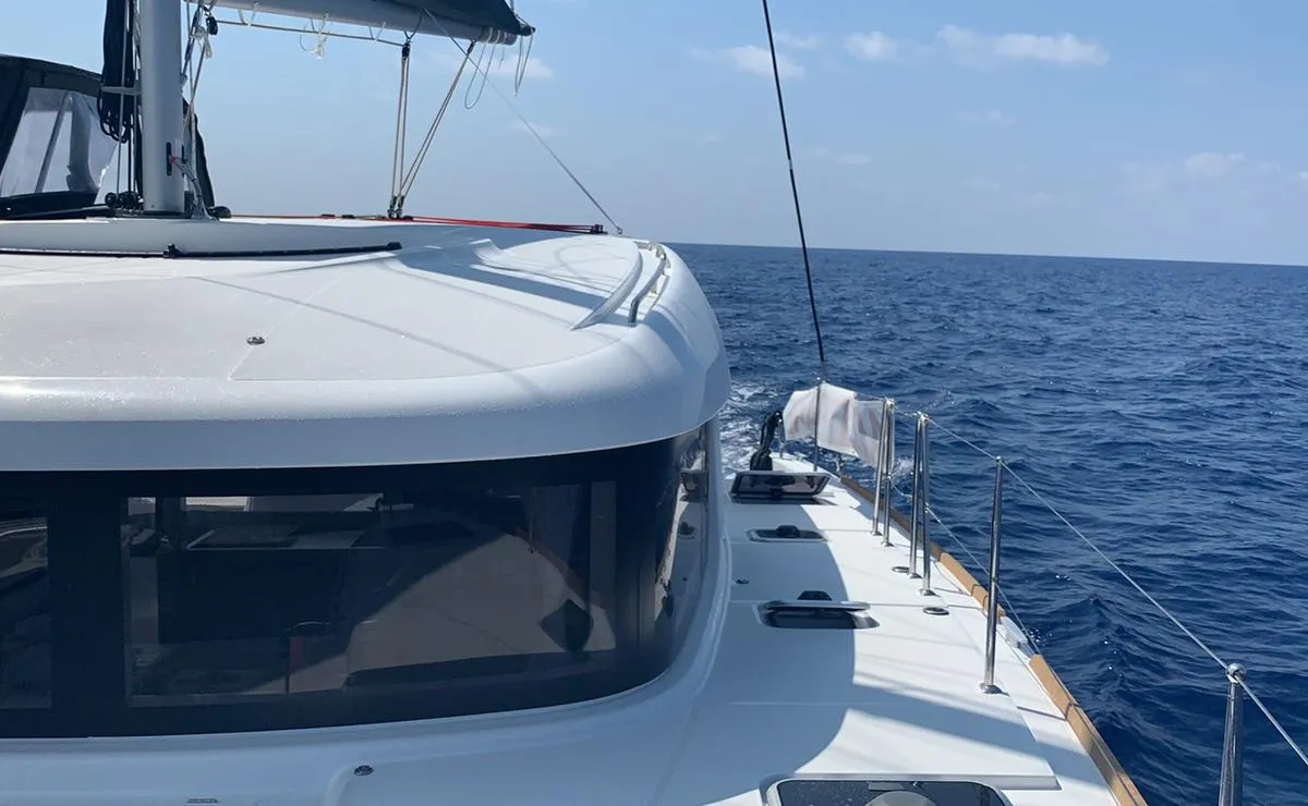 Deck of Samana, a Lagoon 40 catamaran at Capo d'Orlando, Italy