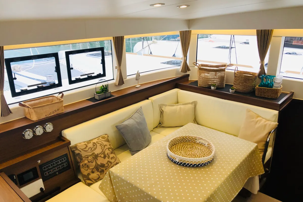 Salon of Samana, a Lagoon 40 catamaran at Capo d'Orlando, Italy