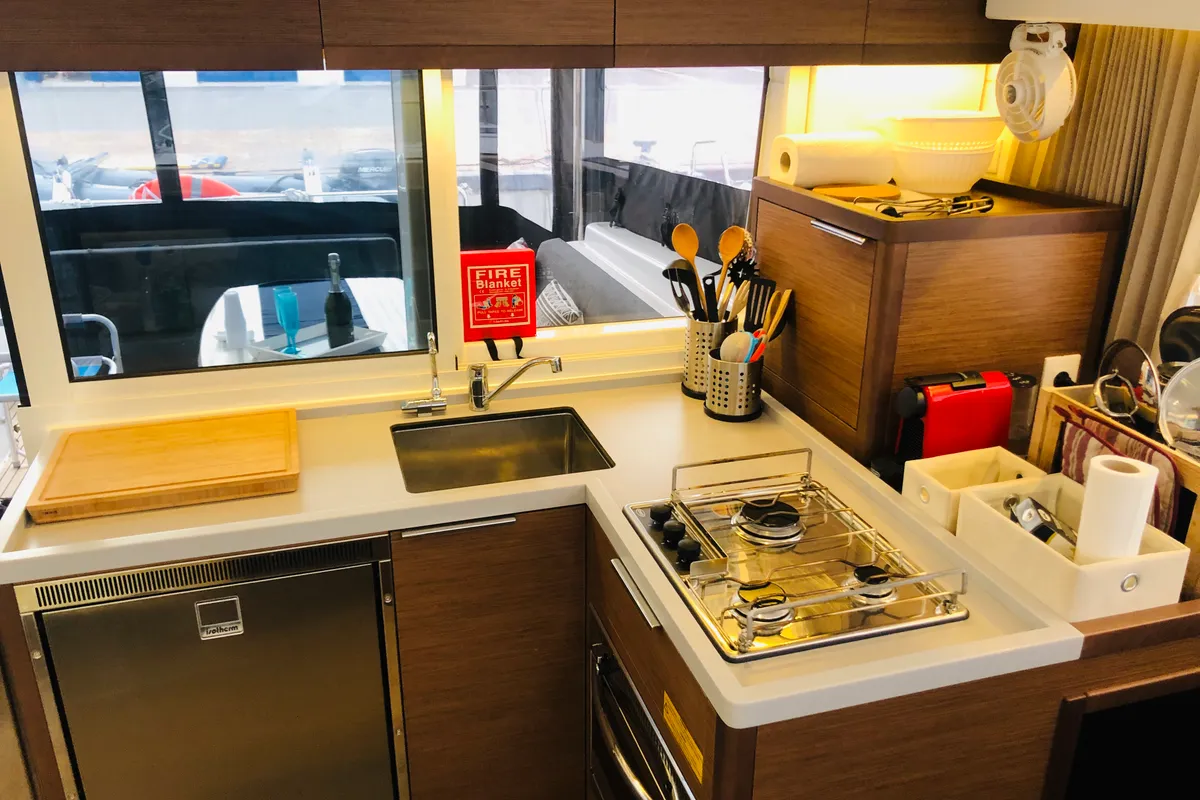 Galley of Samana, a Lagoon 40 catamaran at Capo d'Orlando, Italy