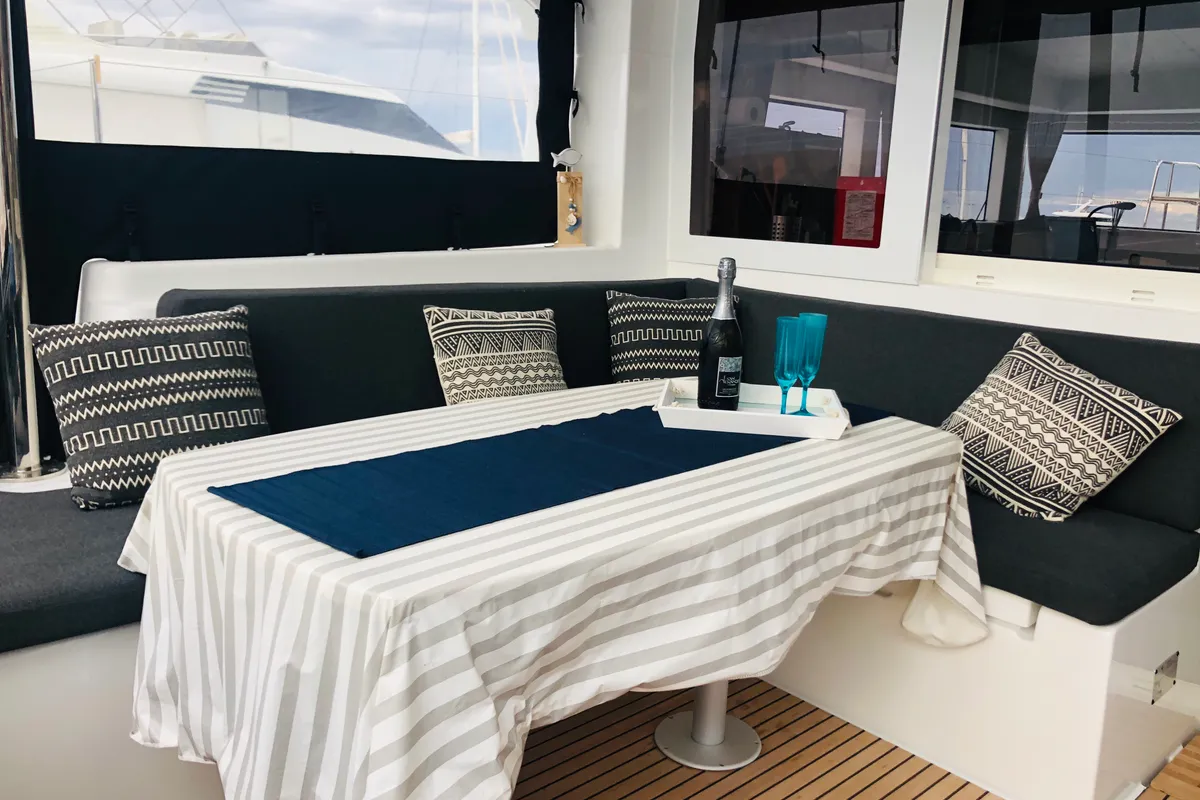 Deck of Samana, a Lagoon 40 catamaran at Capo d'Orlando, Italy