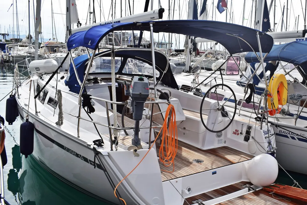 Exterior view of Studena, a Bavaria Cruiser 34 sailboat at Grad Kaštela, Croatia