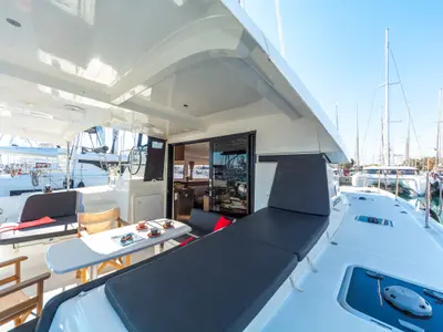 Cockpit of White Pearl, a Lagoon 42 catamaran at Volos, Greece