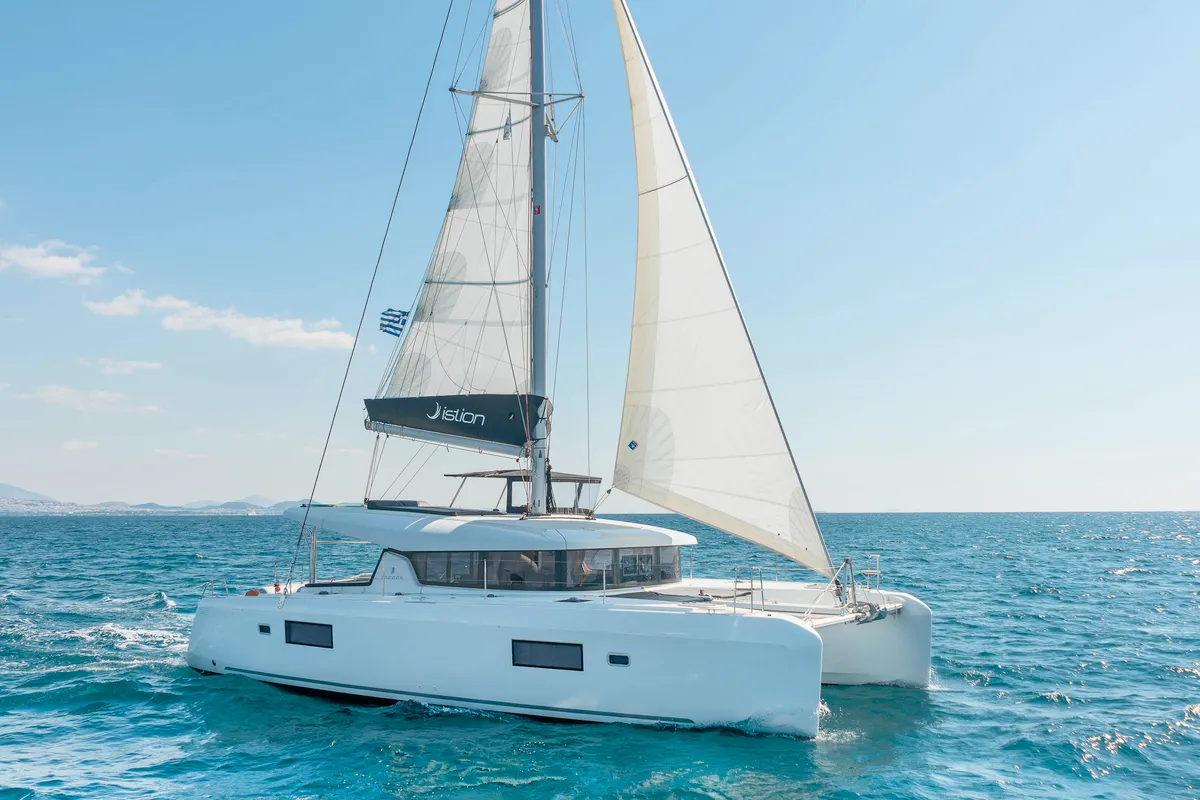 Exterior view of White Pearl, a Lagoon 42 catamaran at Volos, Greece