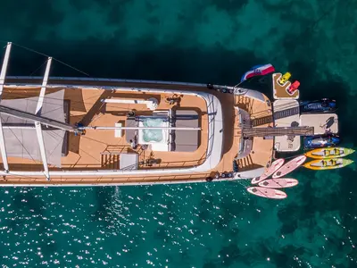 Deck of M/S Aurum Sky, a Odisej Ltd MS Custom Aurum Sky sailboat at Split, Croatia