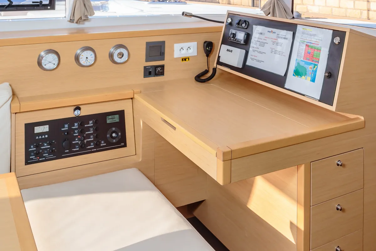 Cockpit of Adorable, a Lagoon 400 S2 catamaran at Tonnarella, Italy