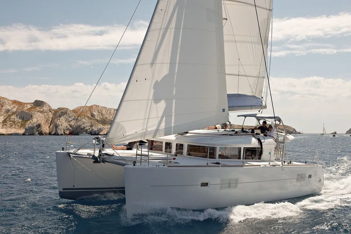 Exterior view of Adorable, a Lagoon 400 S2 catamaran at Tonnarella, Italy